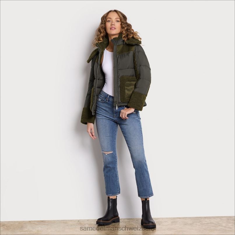 CH Sam Edelman Frauen Kurze Pufferjacke mit Kapuze Olive X2J861252 Bekleidung