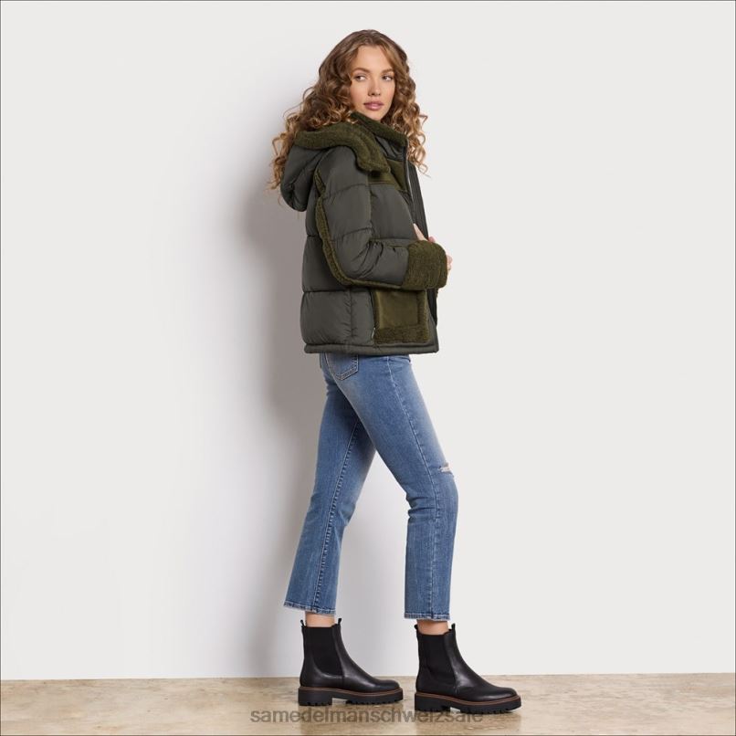 CH Sam Edelman Frauen Kurze Pufferjacke mit Kapuze Olive X2J861252 Bekleidung