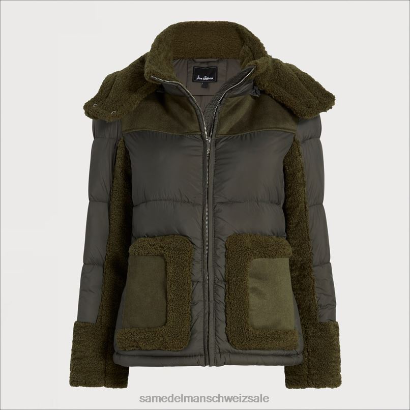 CH Sam Edelman Frauen Kurze Pufferjacke mit Kapuze Olive X2J861252 Bekleidung