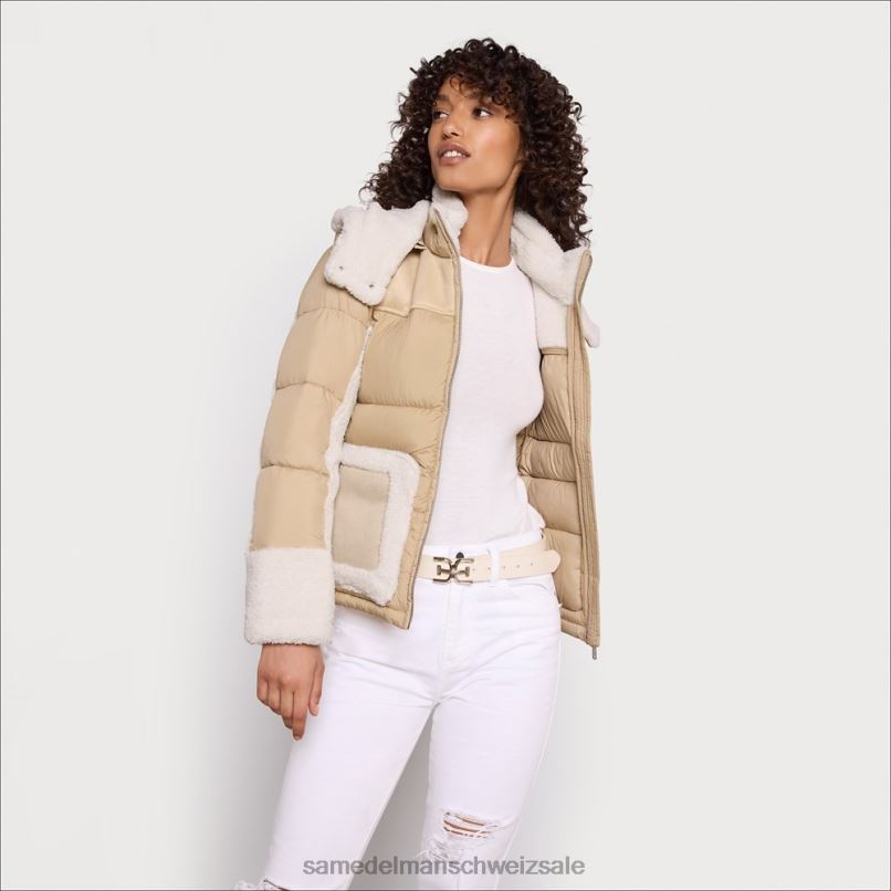 CH Sam Edelman Frauen Kurze Pufferjacke mit Kapuze Sand X2J861253 Bekleidung