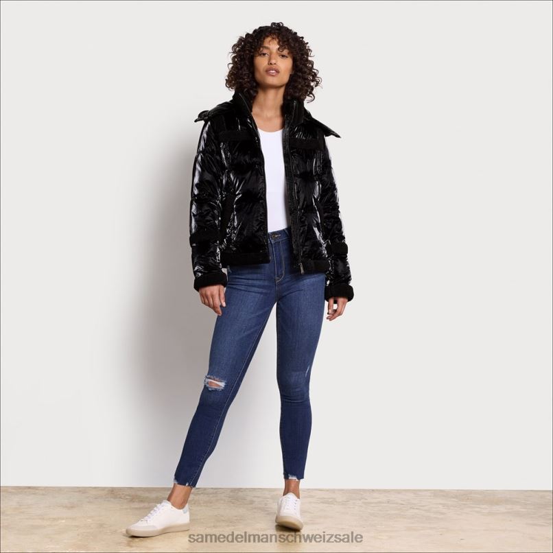 CH Sam Edelman Frauen Kurze Pufferjacke mit Kapuze Schwarz X2J861134 Bekleidung