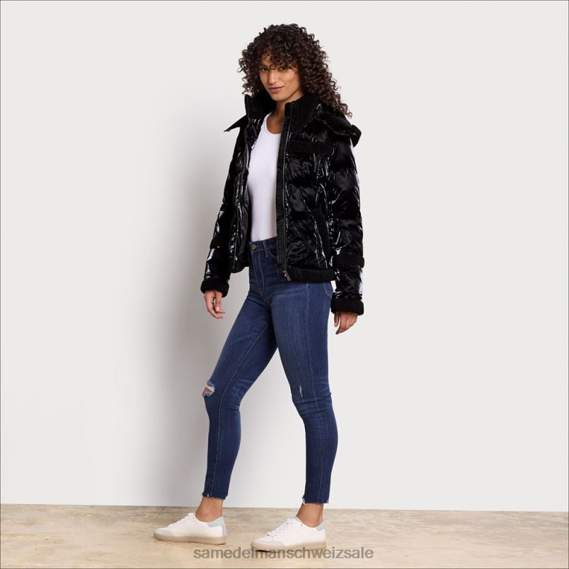 CH Sam Edelman Frauen Kurze Pufferjacke mit Kapuze Schwarz X2J861134 Bekleidung