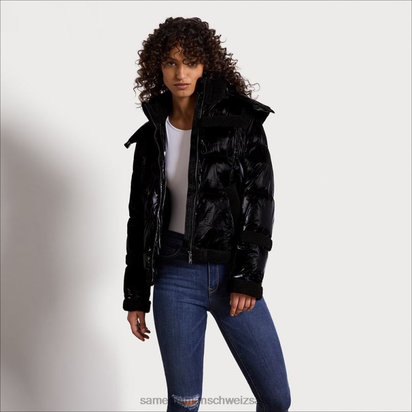 CH Sam Edelman Frauen Kurze Pufferjacke mit Kapuze Schwarz X2J861134 Bekleidung
