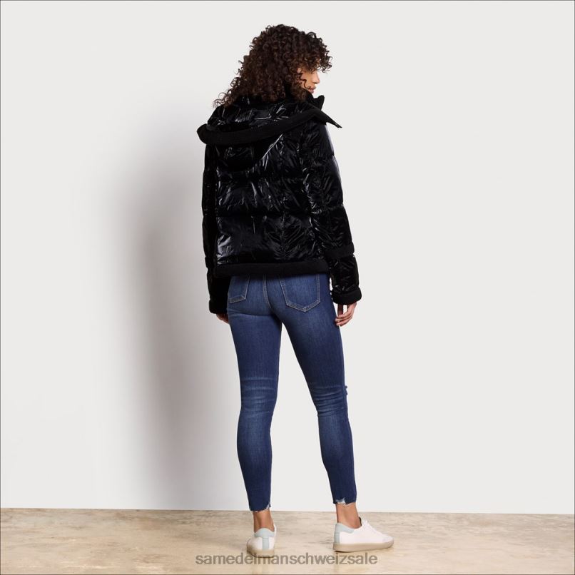 CH Sam Edelman Frauen Kurze Pufferjacke mit Kapuze Schwarz X2J861134 Bekleidung