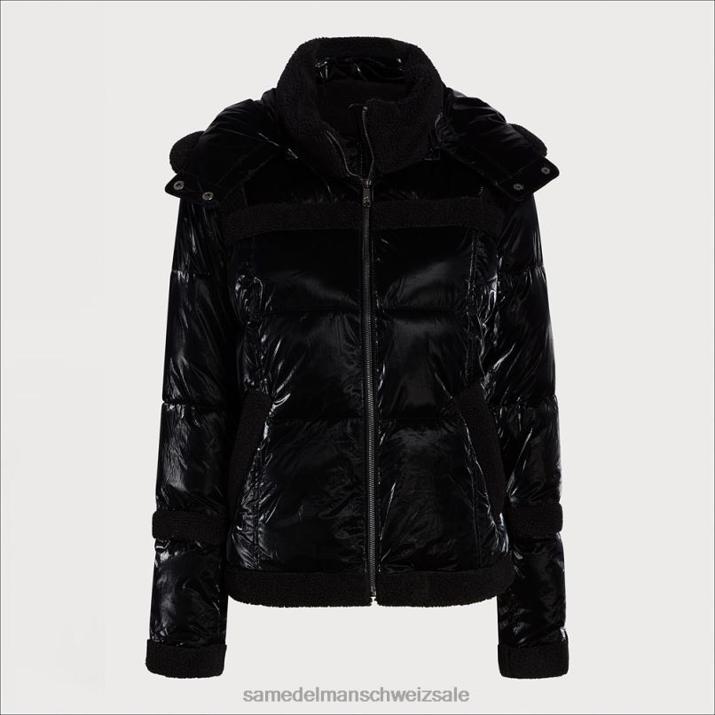 CH Sam Edelman Frauen Kurze Pufferjacke mit Kapuze Schwarz X2J861134 Bekleidung