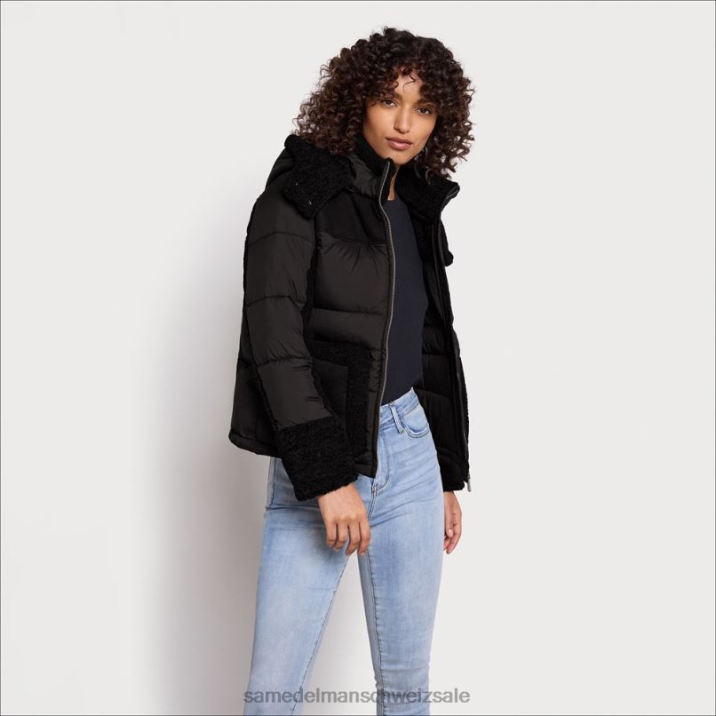 CH Sam Edelman Frauen Kurze Pufferjacke mit Kapuze Schwarz X2J861161 Bekleidung