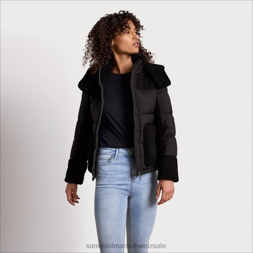 CH Sam Edelman Frauen Kurze Pufferjacke mit Kapuze Schwarz X2J861161 Bekleidung
