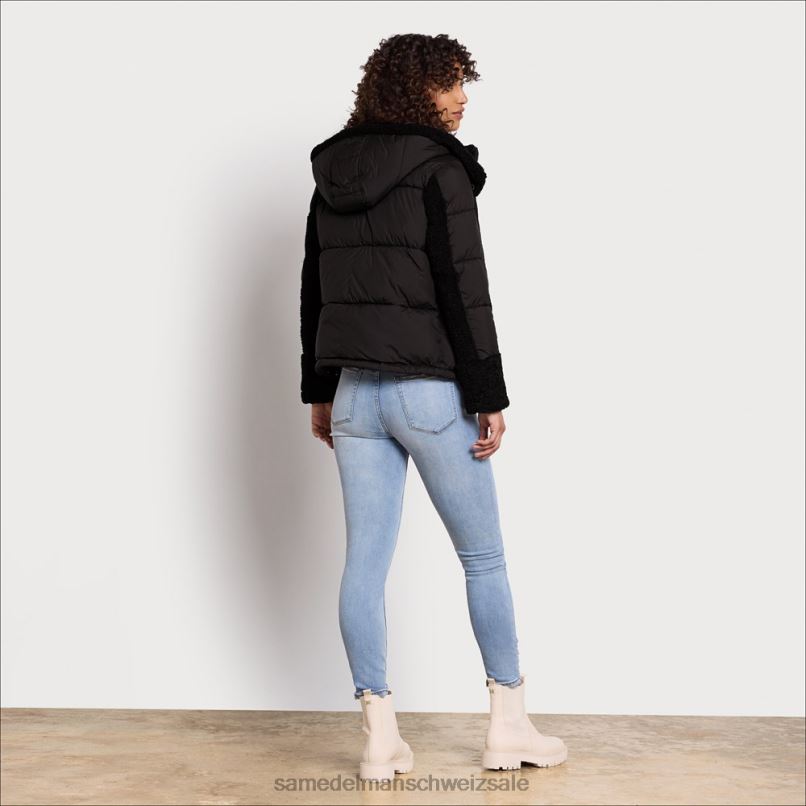 CH Sam Edelman Frauen Kurze Pufferjacke mit Kapuze Schwarz X2J861161 Bekleidung