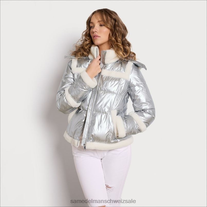 CH Sam Edelman Frauen Kurze Pufferjacke mit Kapuze Silber X2J861133 Bekleidung