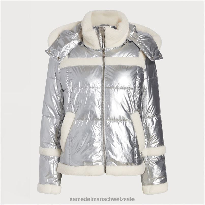 CH Sam Edelman Frauen Kurze Pufferjacke mit Kapuze Silber X2J861133 Bekleidung