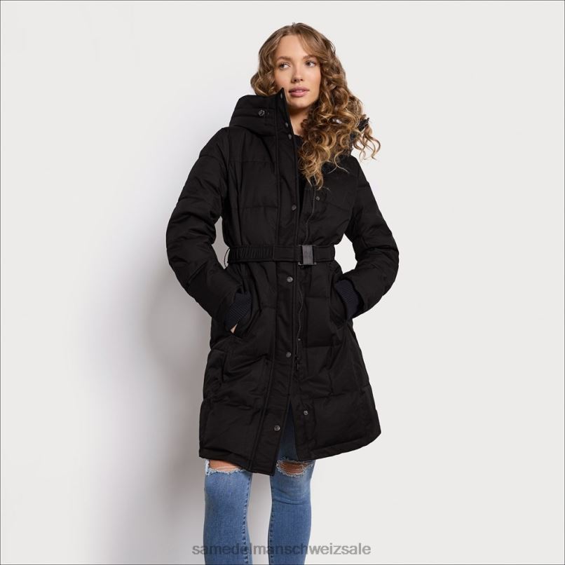 CH Sam Edelman Frauen Steppjacke mit Kissenkragen und Gürtel Schwarz X2J861300 Bekleidung