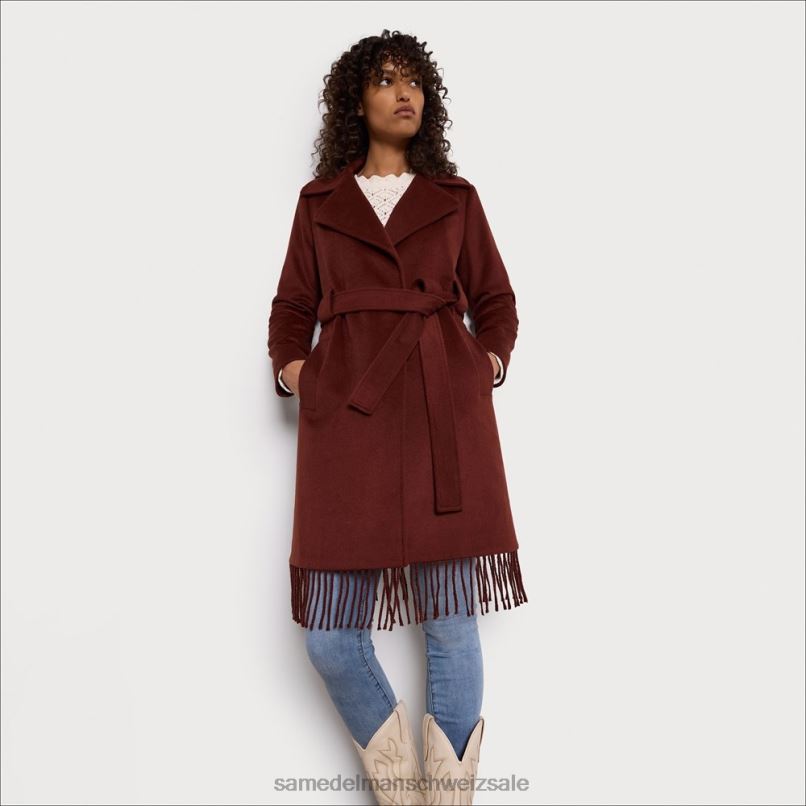 CH Sam Edelman Frauen Wickelmantel mit Fransen und Gürtel Kastanie X2J861238 Bekleidung