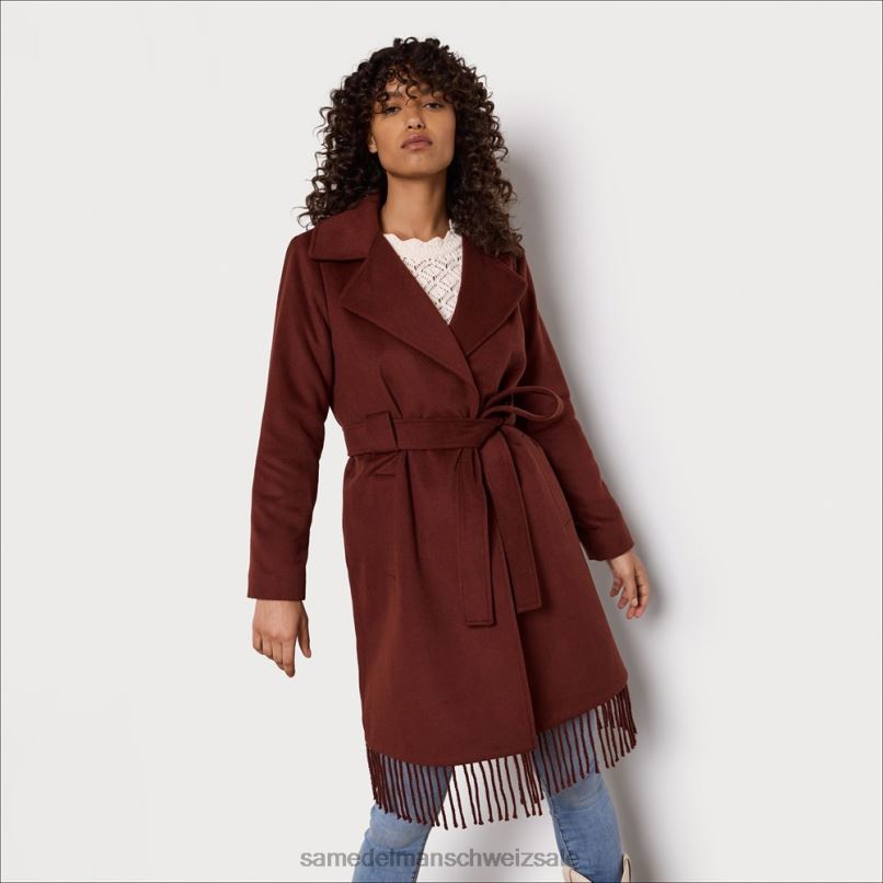 CH Sam Edelman Frauen Wickelmantel mit Fransen und Gürtel Kastanie X2J861238 Bekleidung