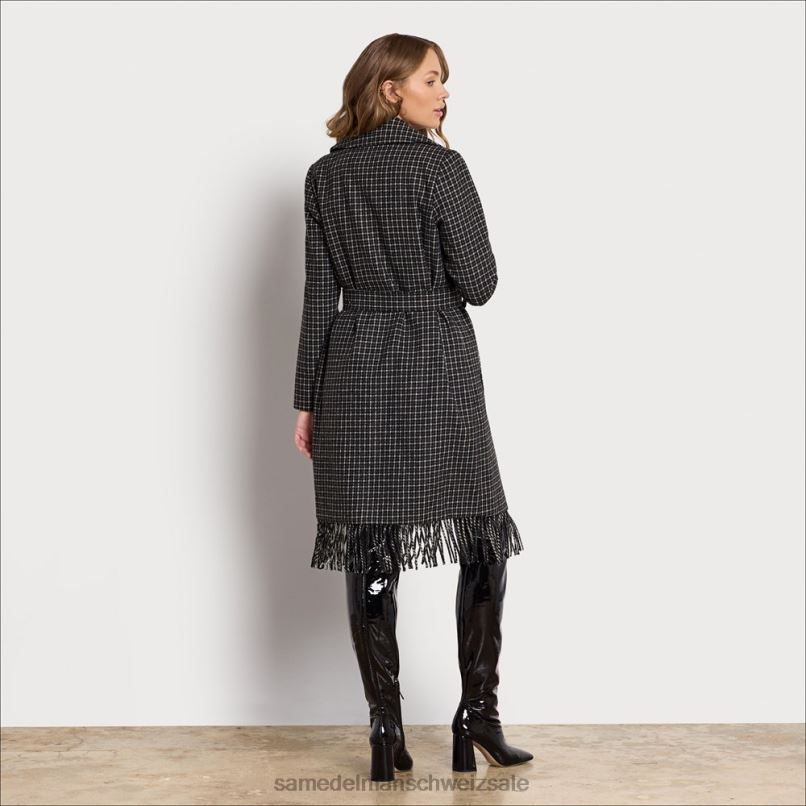 CH Sam Edelman Frauen Wickelmantel mit Fransen und Gürtel Schwarz-Weiss X2J861237 Bekleidung