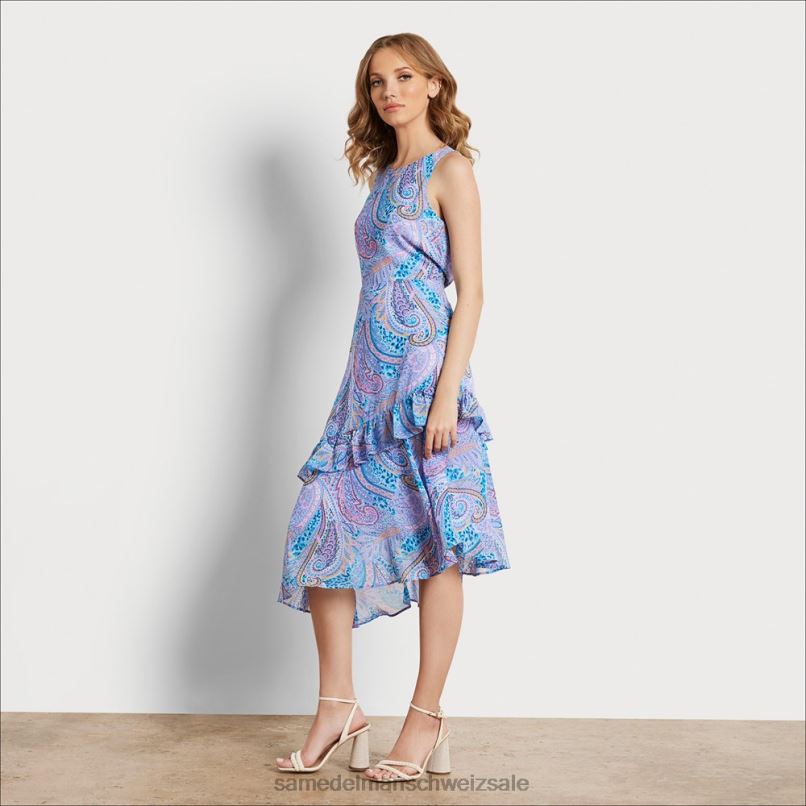 CH Sam Edelman Frauen asymmetrisches Paisley-Midikleid Blau-Multi X2J861110 Bekleidung