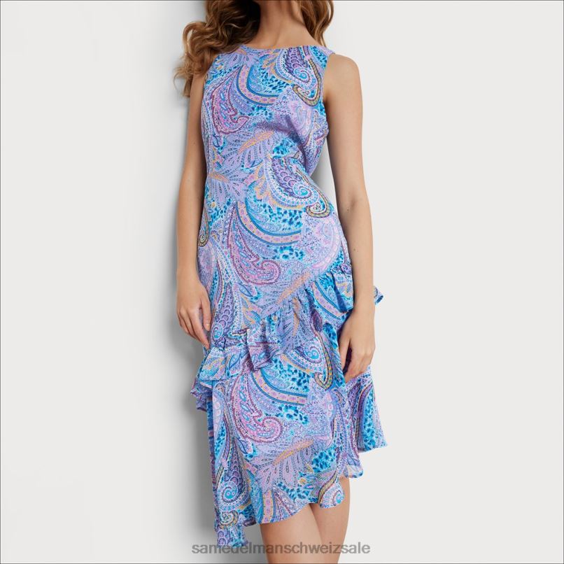 CH Sam Edelman Frauen asymmetrisches Paisley-Midikleid Blau-Multi X2J861110 Bekleidung