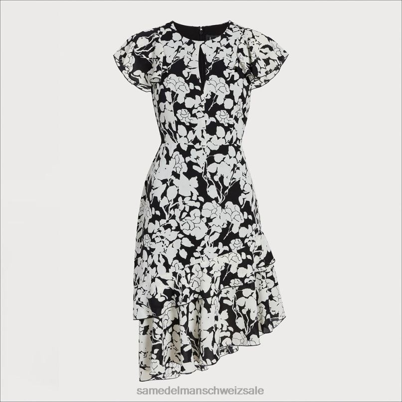 CH Sam Edelman Frauen florales asymmetrisches Kleid Schwarz-Weiss X2J861153 Bekleidung